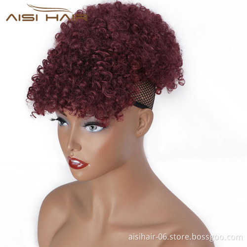 Aisi Hair New Design Kinky Curly Puff Red Color Hair Bun With Bangs Afro Short Curly Synthetic Hair Extension For Black Women